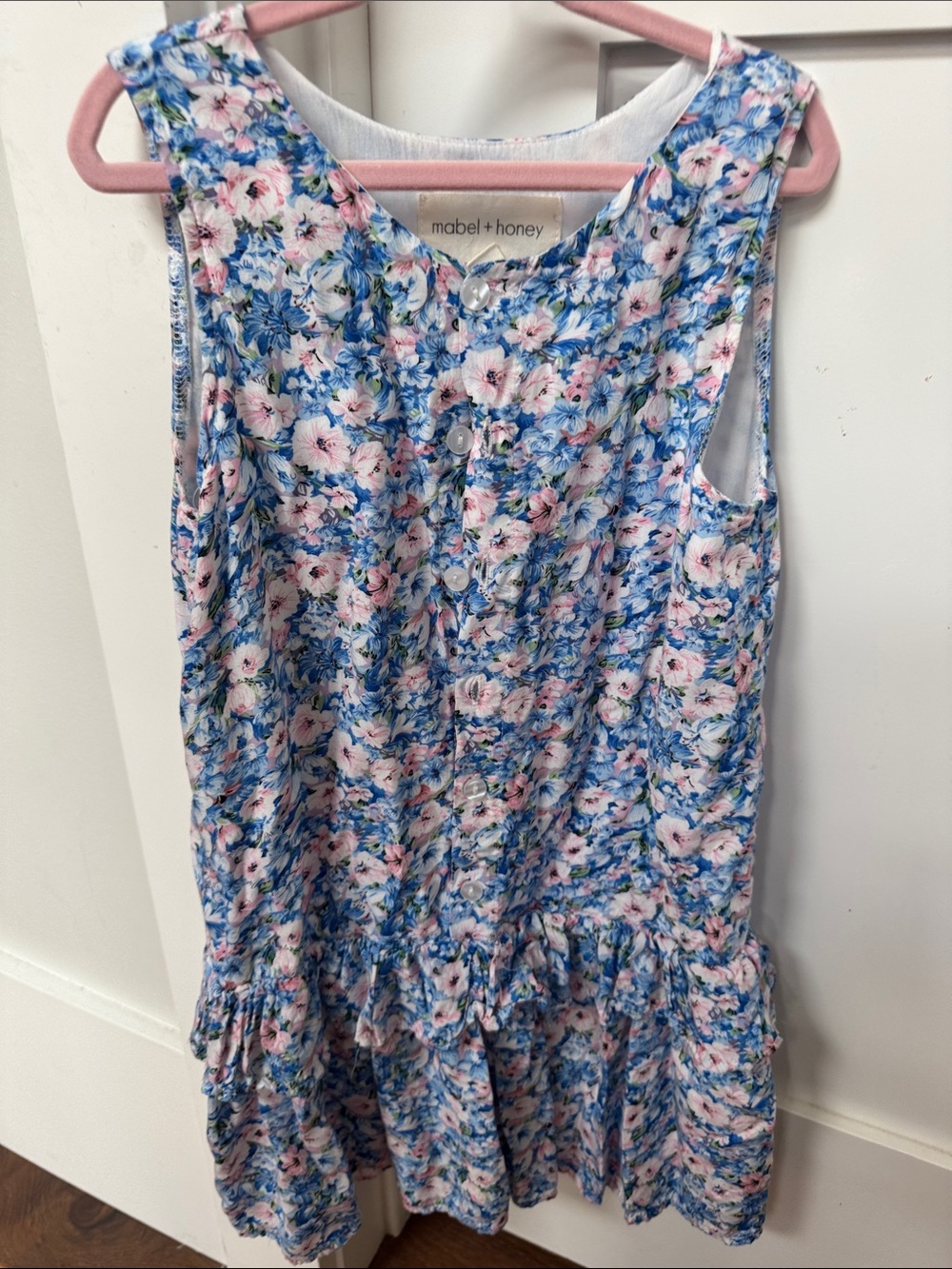 Mabel & Honey Girls' Blue & Pink Floral Sleeveless Dress